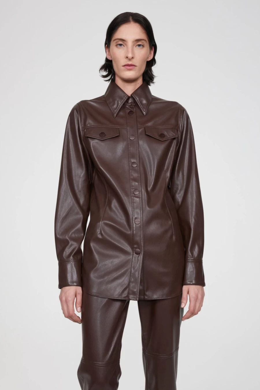 Rodebjer Women's Dark Brown Faux Leather Shirt - Stylish Cropped Design